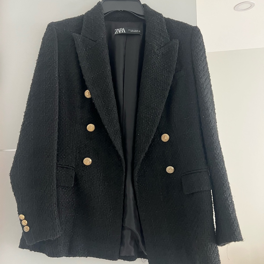 Zara Textured Black Blazer with Gold Accents